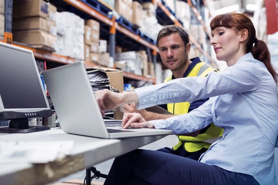 Warehouse worker and manager looking at laptop in a large warehouse