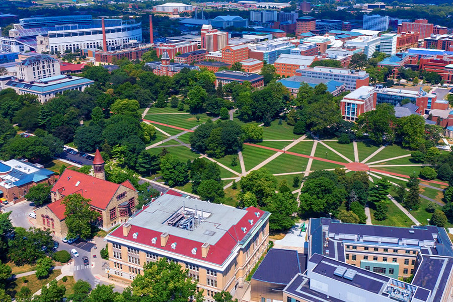 Aerial view of a college campus in Ohio.